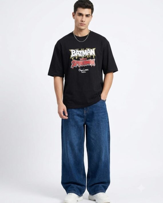 Men's Black Batman vs Spider-Man Oversized T-Shirt
