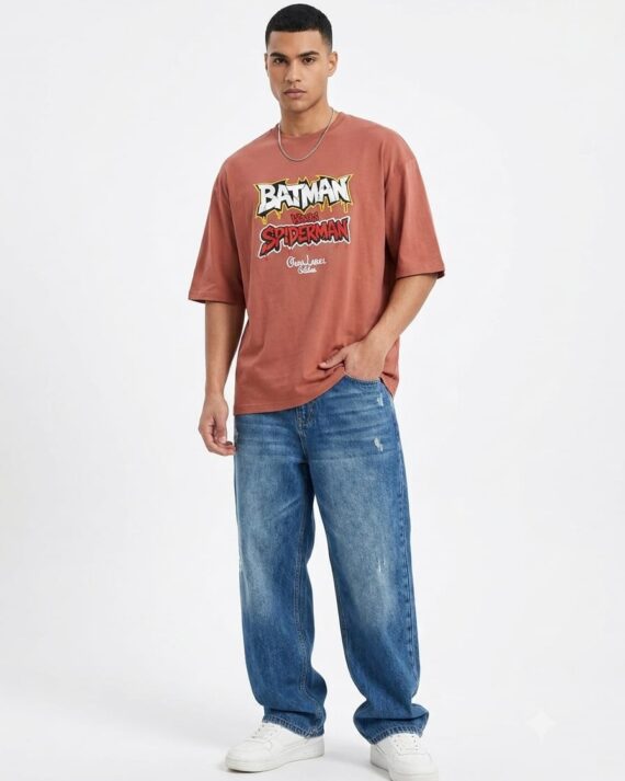 Men's Dusty Rose Batman vs Spider-Man Oversized T-Shirt