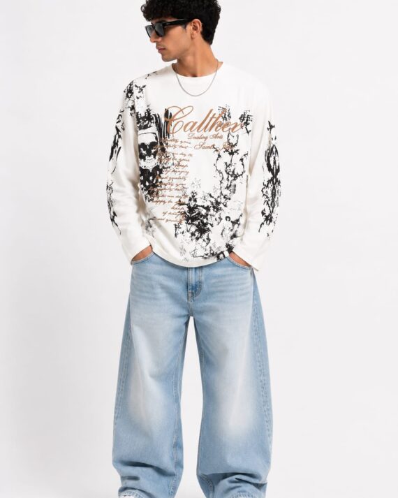 Men's White Graphic Printed Full Sleeve Oversized T-Shirt