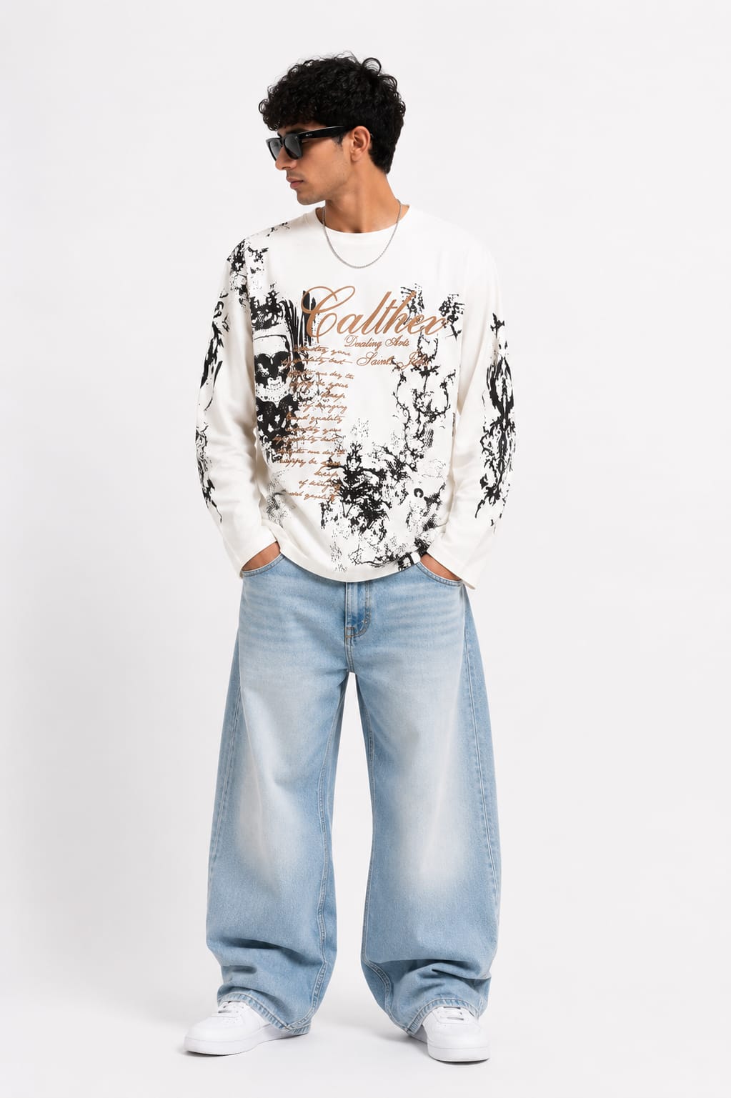 Men's White Graphic Printed Full Sleeve Oversized T-Shirt
