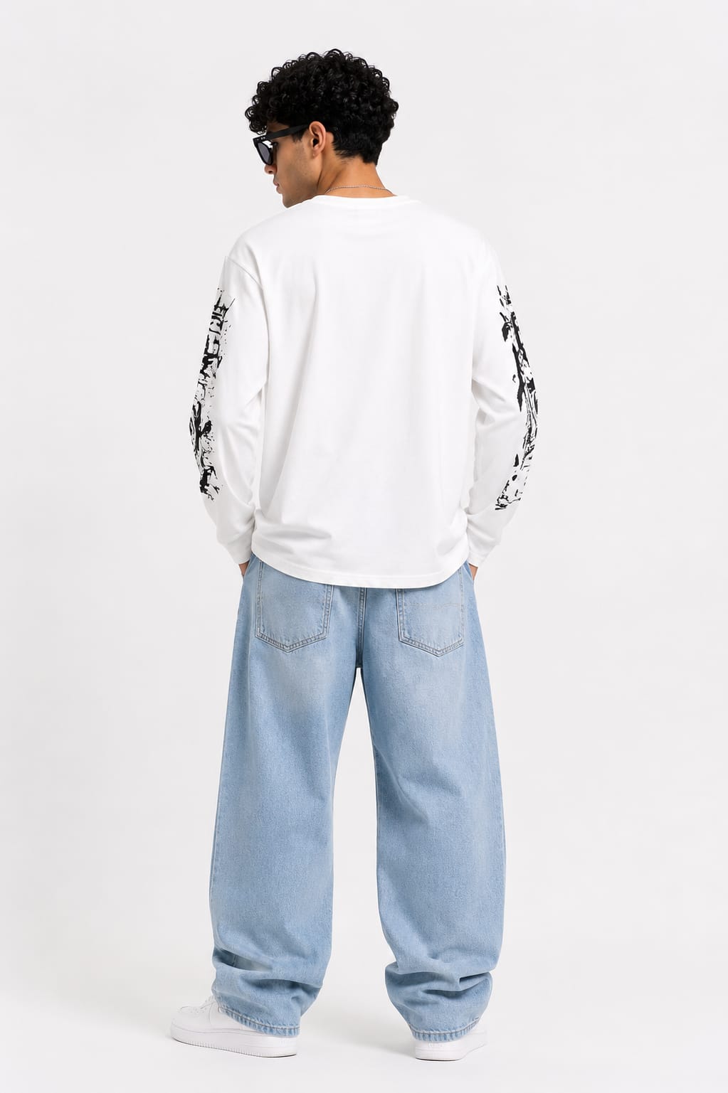 Men's White Graphic Printed Full Sleeve Oversized T-Shirt - Image 2