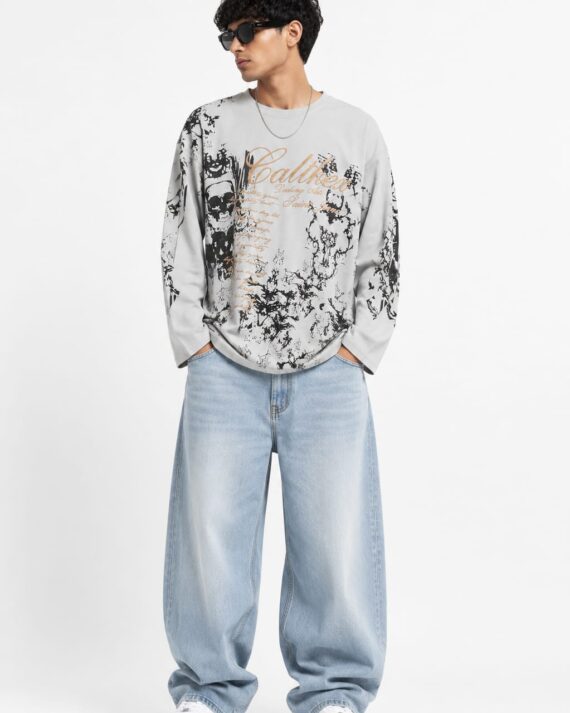 Men's Light Grey Graphic Printed Full Sleeve Oversized T-Shirt