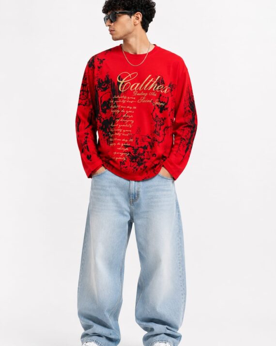 Men's Red Graphic Printed Full Sleeve Oversized T-Shirt