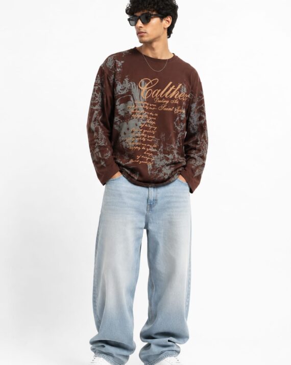 Men's Brown Graphic Printed Full Sleeve Oversized T-Shirt