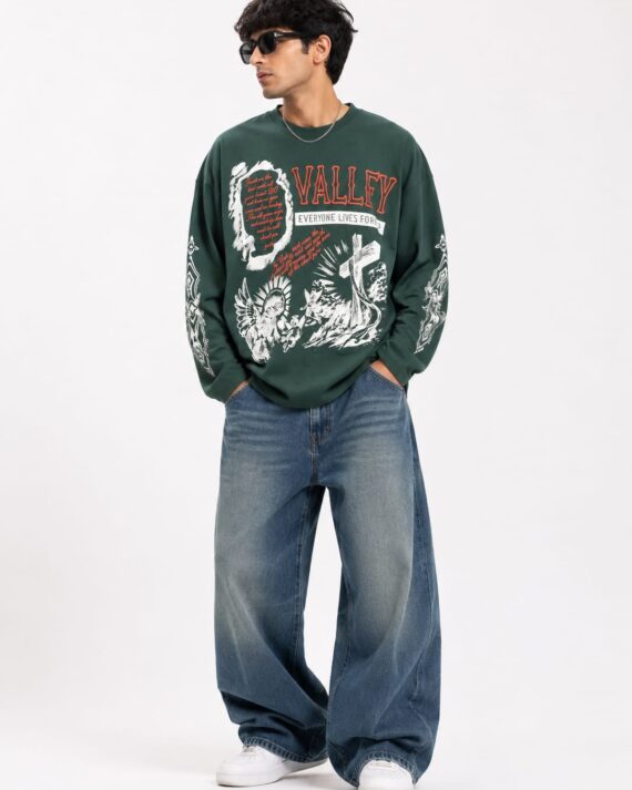 Men's Forest Green Gothic Graphic Oversized Full Sleeve T-Shirt