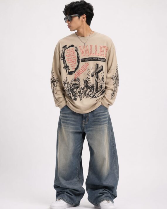Men's Beige Gothic Graphic Oversized Full Sleeve T-Shirt