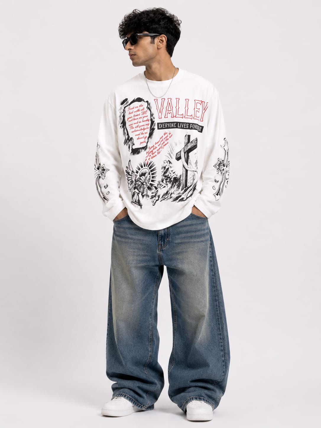 Men's White Gothic Graphic Oversized Full Sleeve T-Shirt