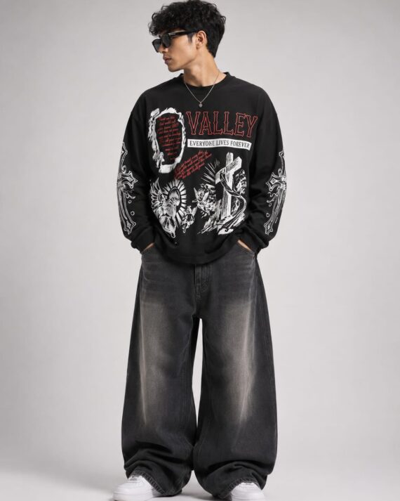 Men's Black Gothic Graphic Oversized Full Sleeve T-Shirt