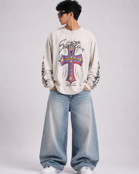 Men's Off White Sacred Cross Graphic Oversized Full Sleeve T-Shirt