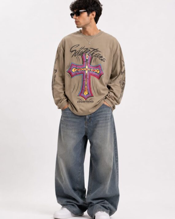 Men's Khaki Sacred Cross Graphic Oversized Full Sleeve T-Shirt