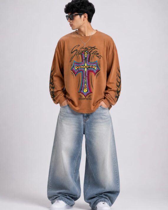 Men's Brown Sacred Cross Graphic Oversized Full Sleeve T-Shirt