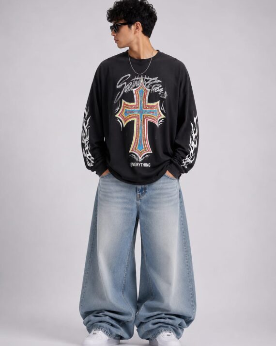 Men's Black Sacred Cross Graphic Oversized Full Sleeve T-Shirt