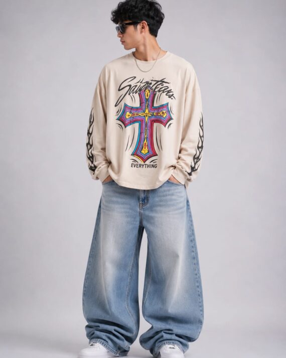 Men's Beige Sacred Cross Graphic Oversized Full Sleeve T-Shirt