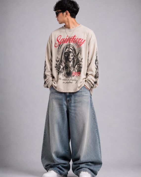 Men's Beige Oversized Vintage Skull Graphic Full Sleeve T-Shirt
