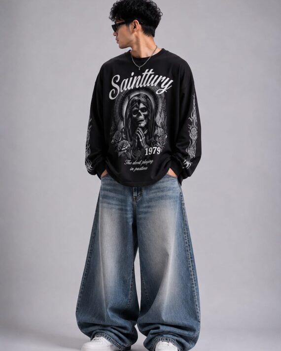 Men's Black Oversized Vintage Skull Graphic Full Sleeve T-Shirt