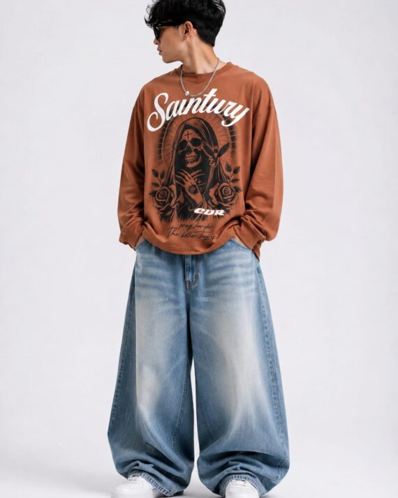 Men's Brown Oversized Gothic Skull Graphic Full Sleeve T-Shirt
