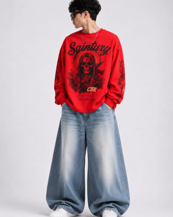 Men's Red Oversized Gothic Skull Graphic Full Sleeve T-Shirt