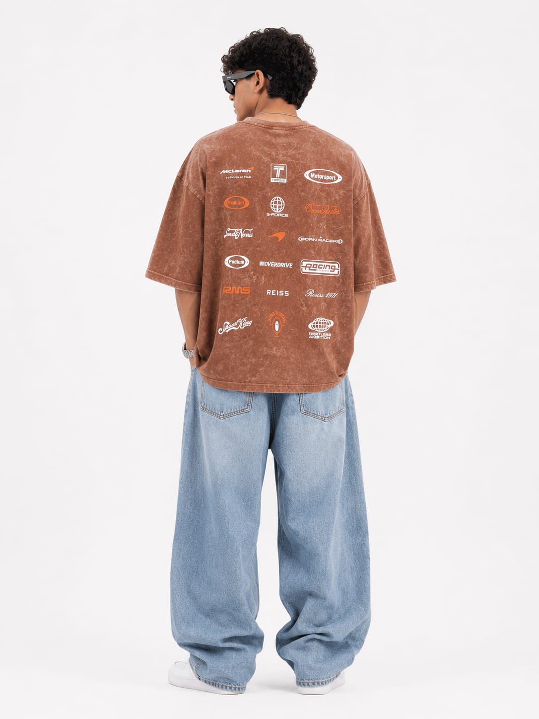BUFFERLY Brown Marble Wash Racing Oversized T-Shirt – Graphic Streetwear Tee - Image 2