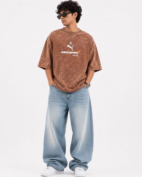 BUFFERLY Brown Marble Wash Racing Oversized T-Shirt – Graphic Streetwear Tee