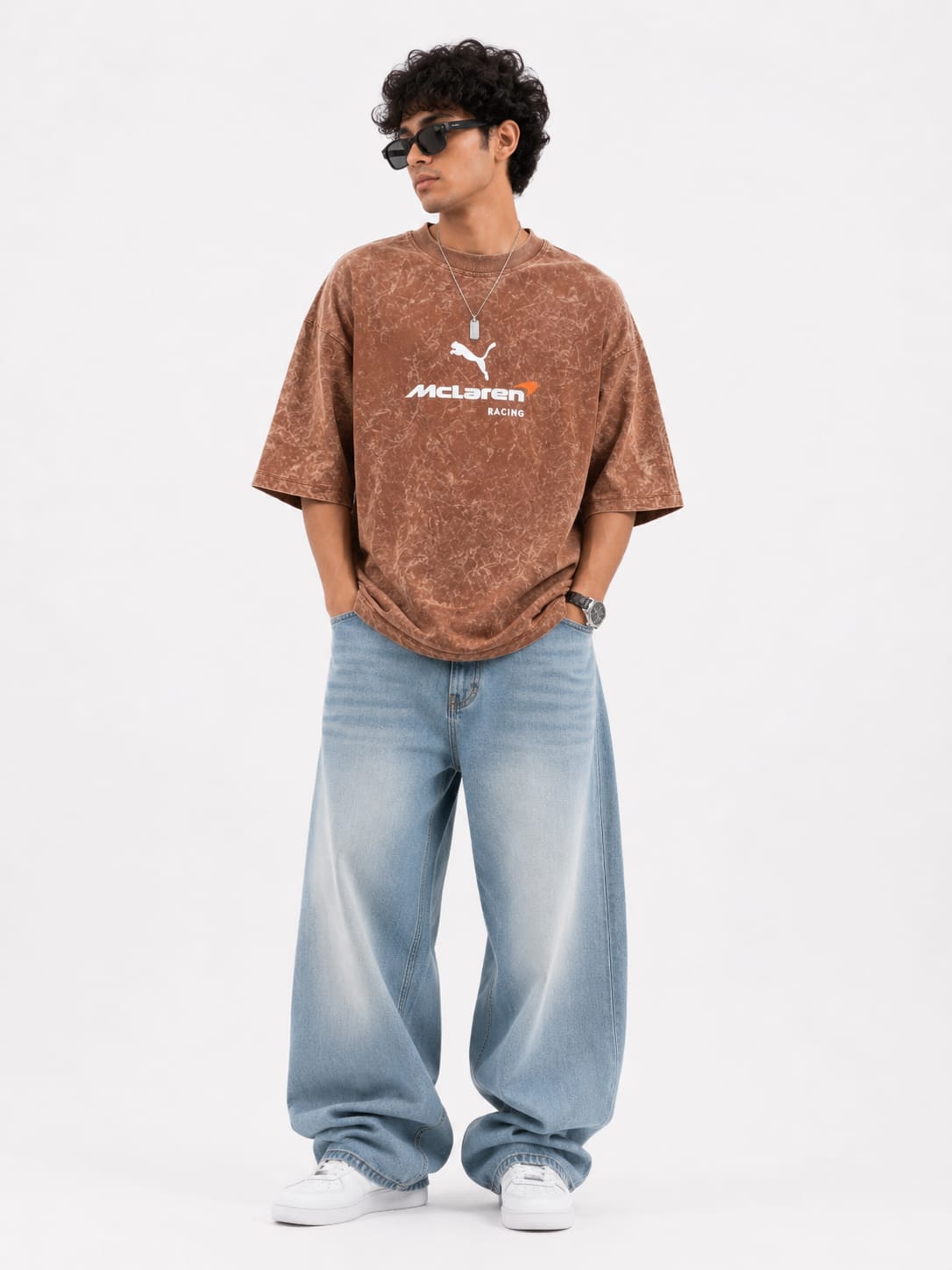 BUFFERLY Brown Marble Wash Racing Oversized T-Shirt – Graphic Streetwear Tee