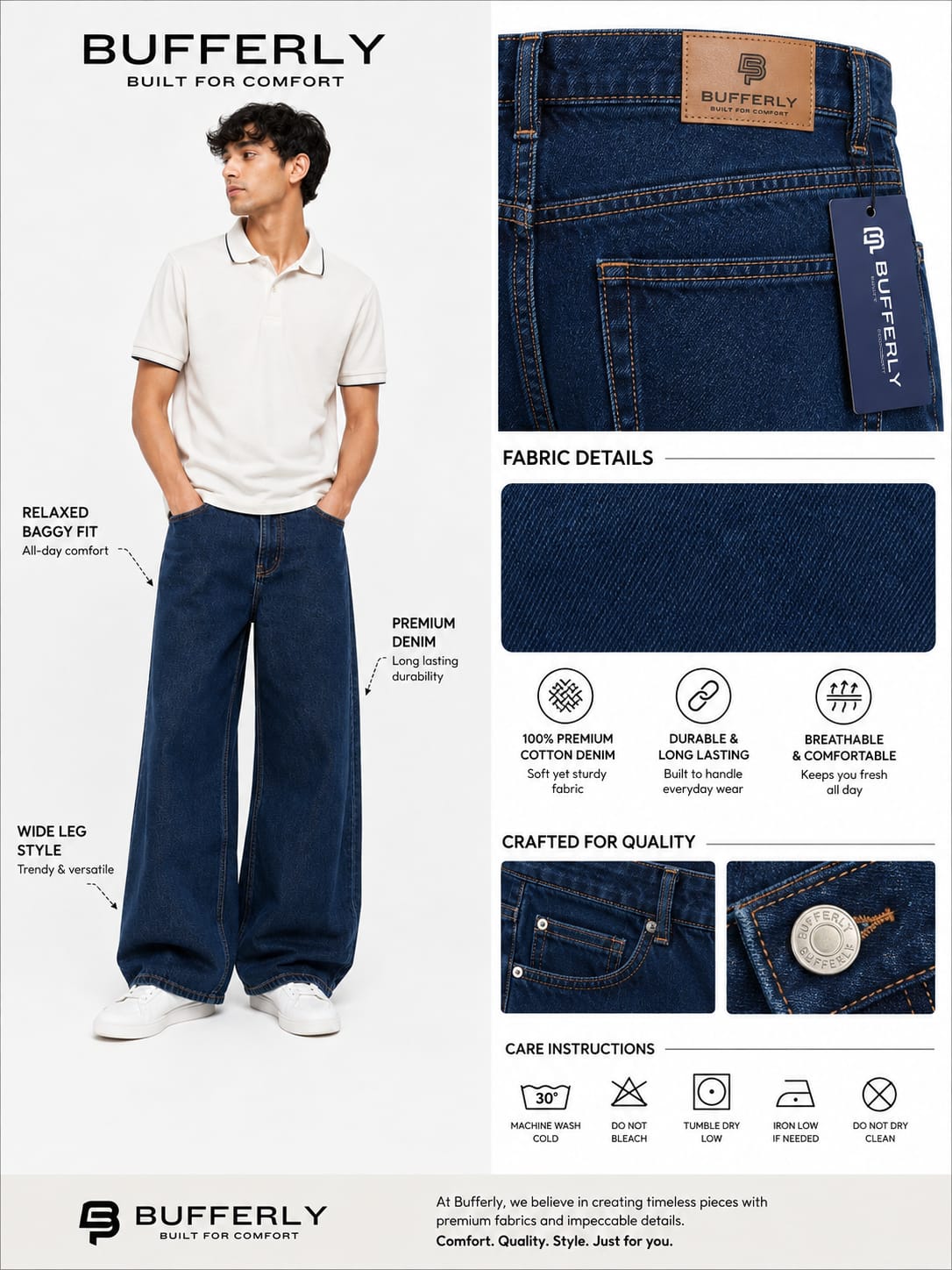 BUFFERLY Deep Indigo Baggy Jeans – Relaxed Streetwear Denim - Image 3
