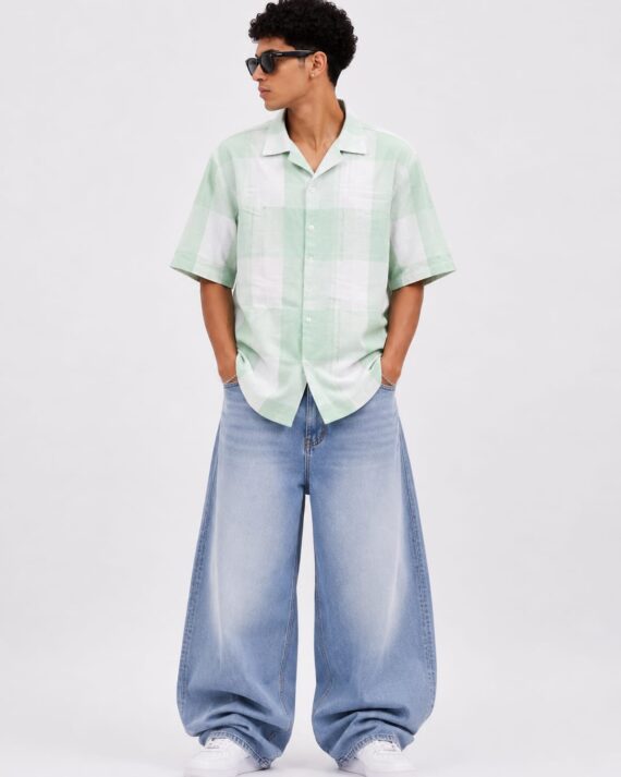 Sky Blue & White Checkered Oversized Shirt – Casual Streetwear Shirt