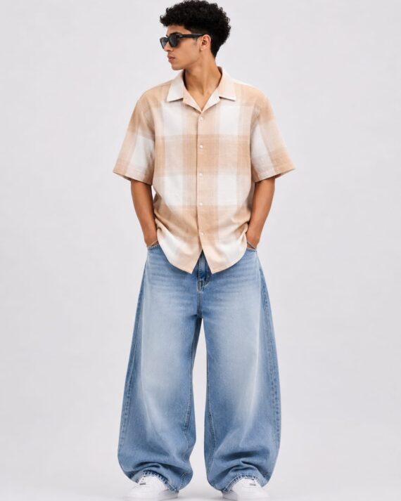 Beige & White Checkered Oversized Shirt – Casual Streetwear Shirt