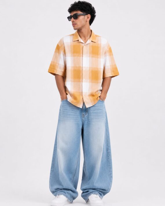 Orange & White Checkered Oversized Shirt – Casual Streetwear Shirt