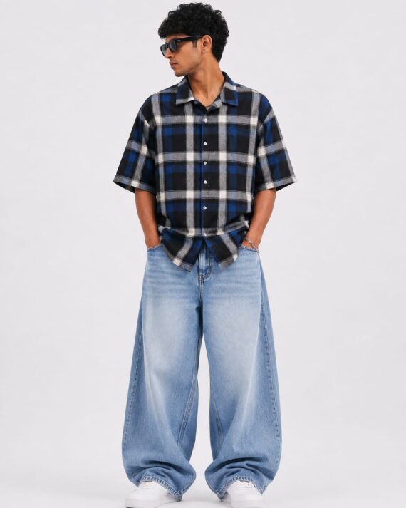 Blue & Black Checkered Oversized Shirt – Casual Streetwear Shirt