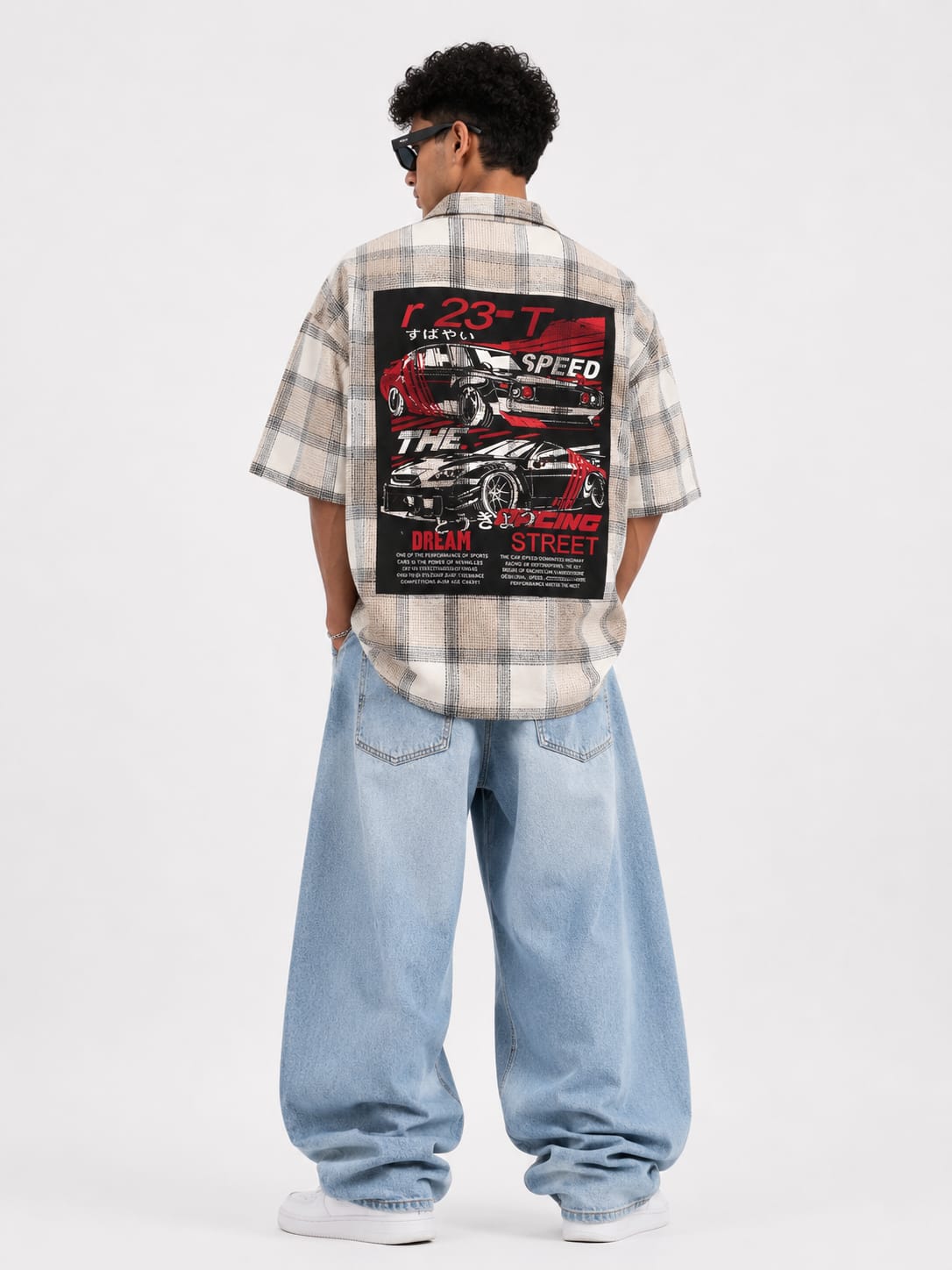 Beige & Grey Checkered Oversized Shirt – Casual Streetwear Shirt - Image 2