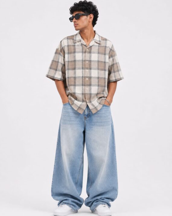 Beige & Grey Checkered Oversized Shirt – Casual Streetwear Shirt