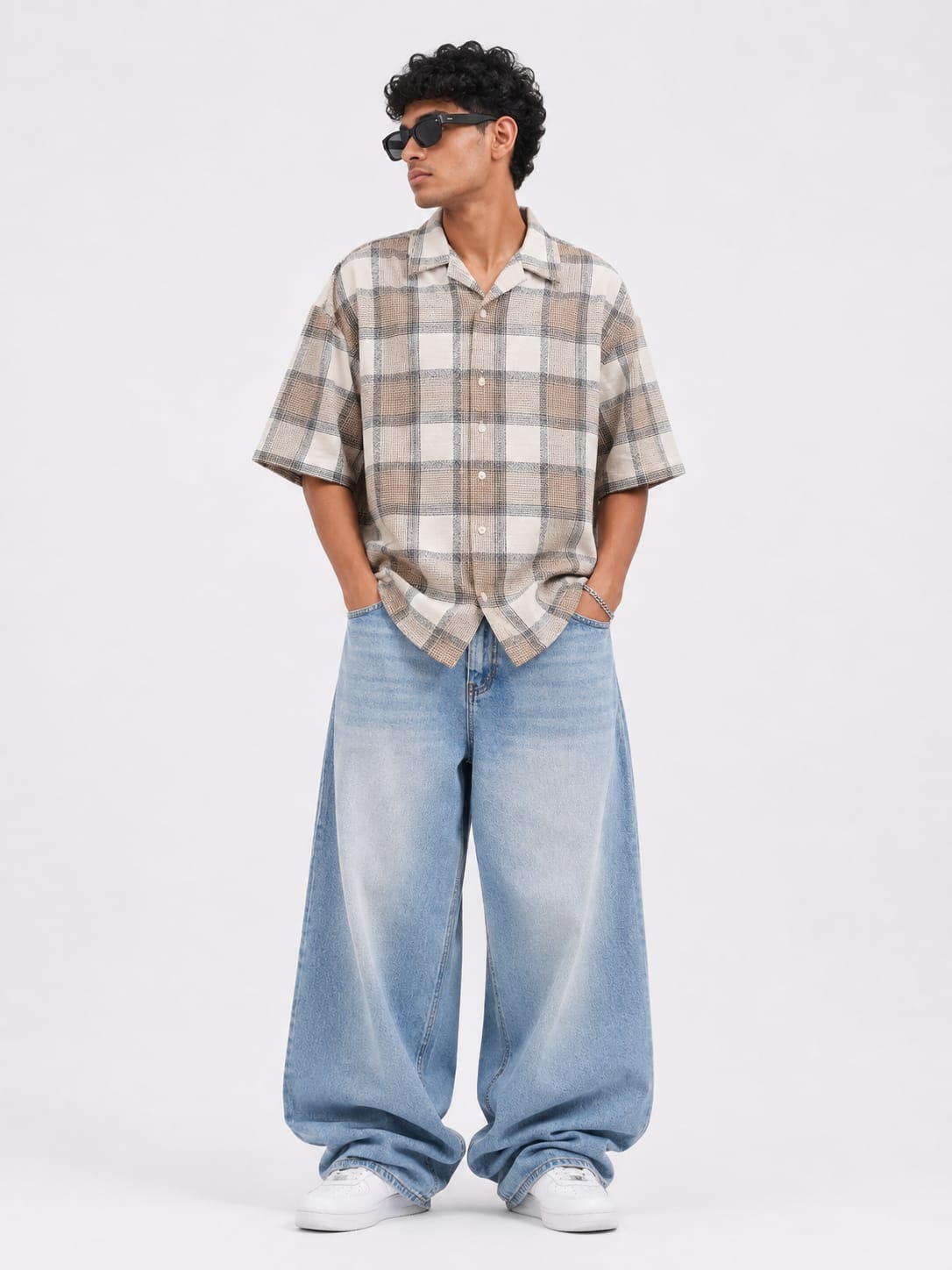 Beige & Grey Checkered Oversized Shirt – Casual Streetwear Shirt
