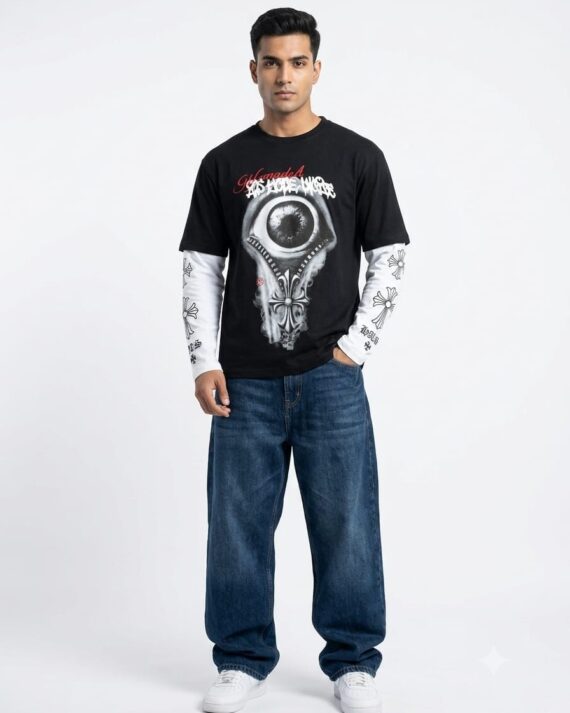 Black Eye Graphic Layered Oversized T-Shirt – Gothic Streetwear Tee