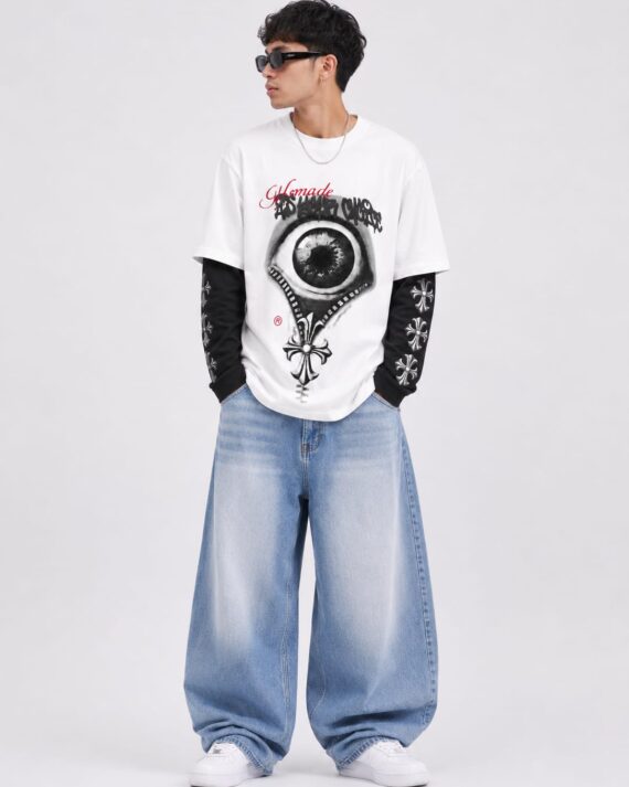White Eye Graphic Oversized T-Shirt – Black Gothic Streetwear Tee