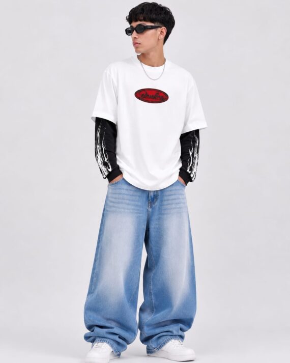 White & Black Flame Graphic Oversized T-Shirt – Streetwear Graphic Tee