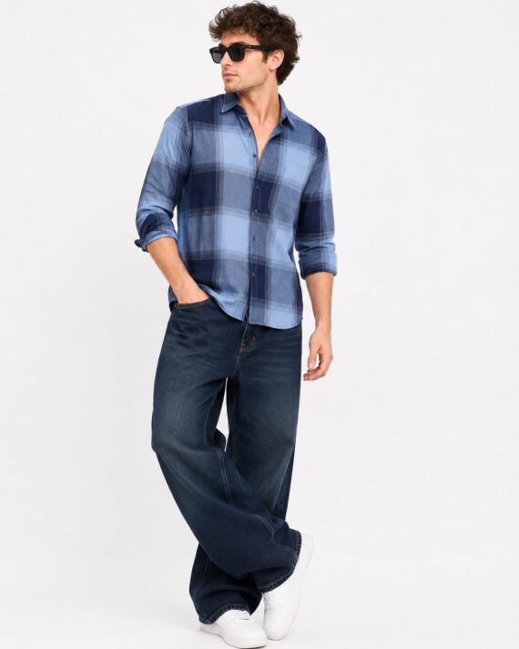 Slate Blue Boxy Checkered Shirt