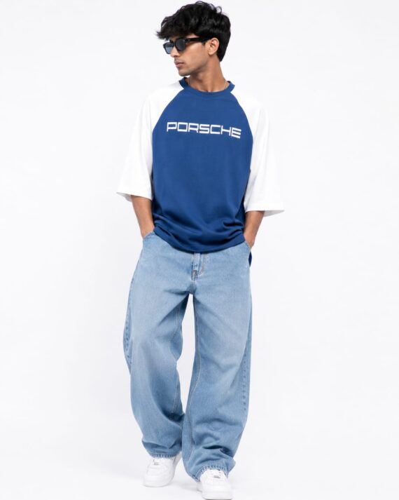 Men’s Blue & White Racing Graphic Oversized T-Shirt