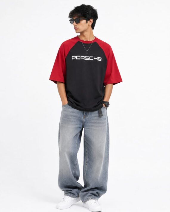 Men’s Black & Red Oversized Racing Graphic T-Shirt
