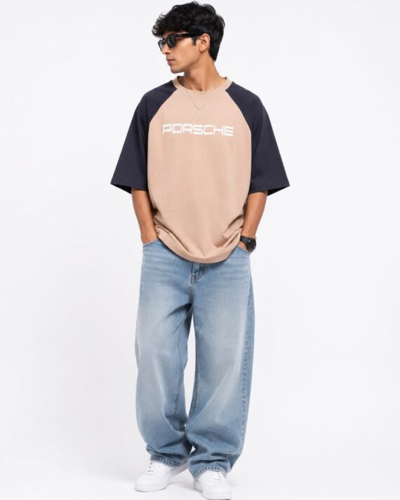 Men’s Beige & Black Oversized Racing Graphic T-Shirt