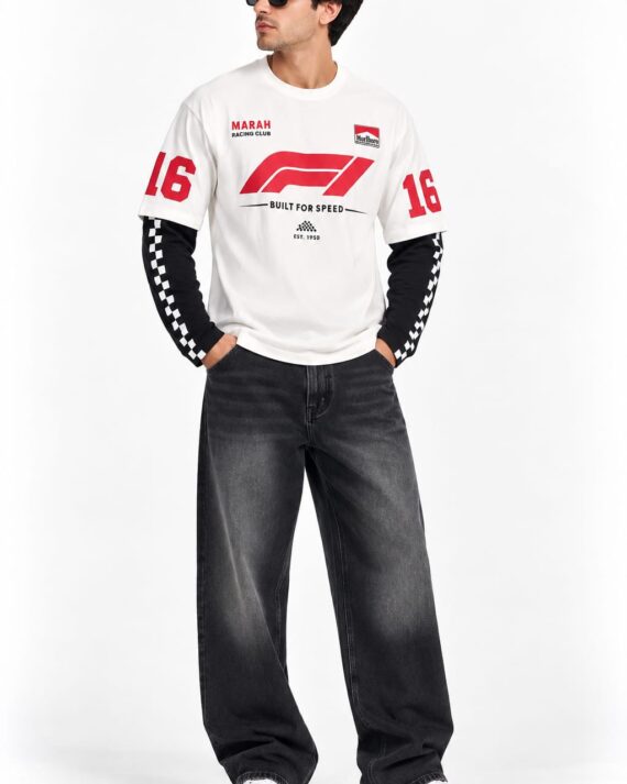 Men’s Racing Graphic Layered Sleeve Oversized T-Shirt